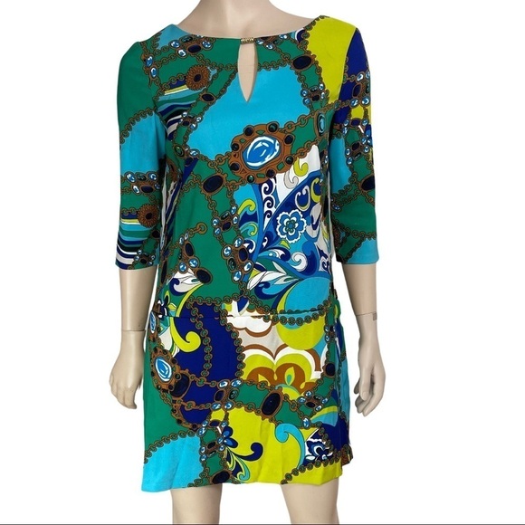 Sangria Size 6 Colourful Abstract 3/4 Sleeve Knee Length Business Dress … - Picture 1 of 16
